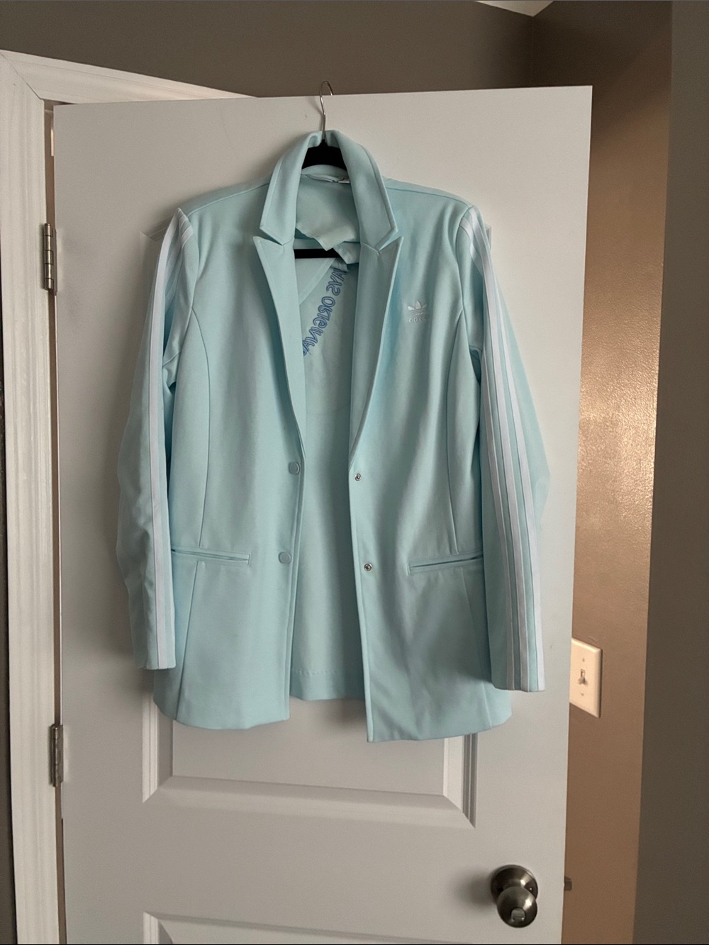 adidas Pastel Blue Women's Blazer with Signature Sleeve Stripes